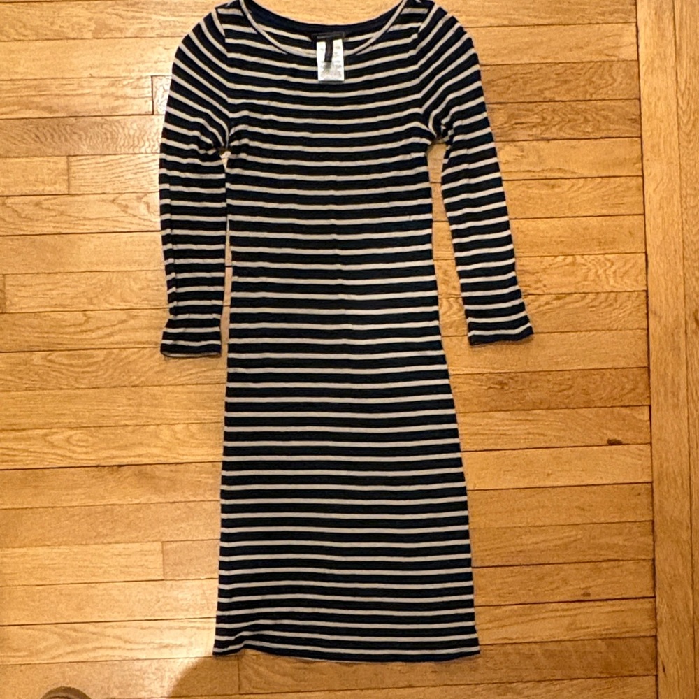 BCBGMaxAzria Navy and Cream Striped Long Sleeve Dress